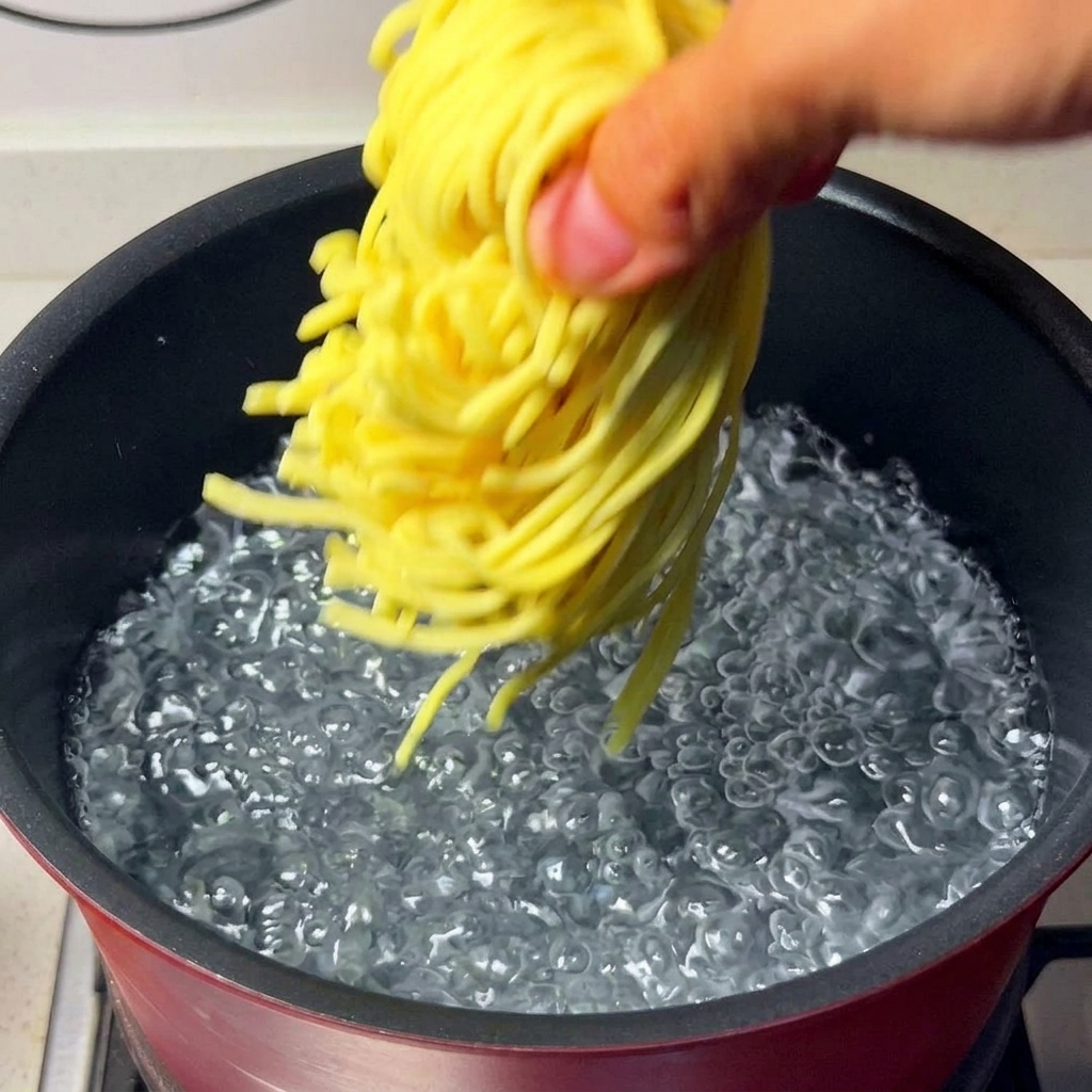 Des nouilles retirées dune marmite bouillante avec des baguettes et placées dans un bain deau glacée.
