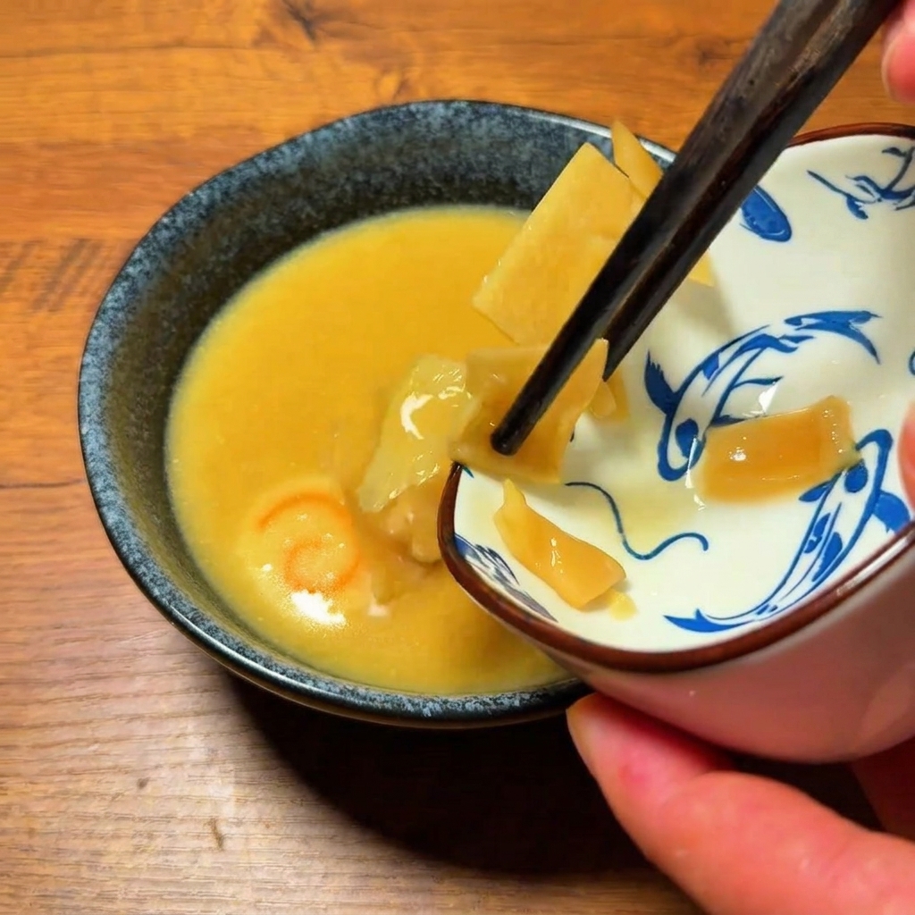 Des pousses de bambou, des oignons verts et de lhuile parfumée combinés dans un bol de bouillon de trempage assaisonné.