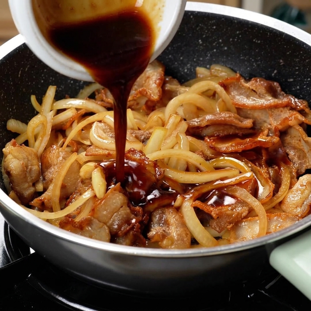 Sauce yakiniku versée sur le porc et les oignons dans une poêle pour le mélange final.