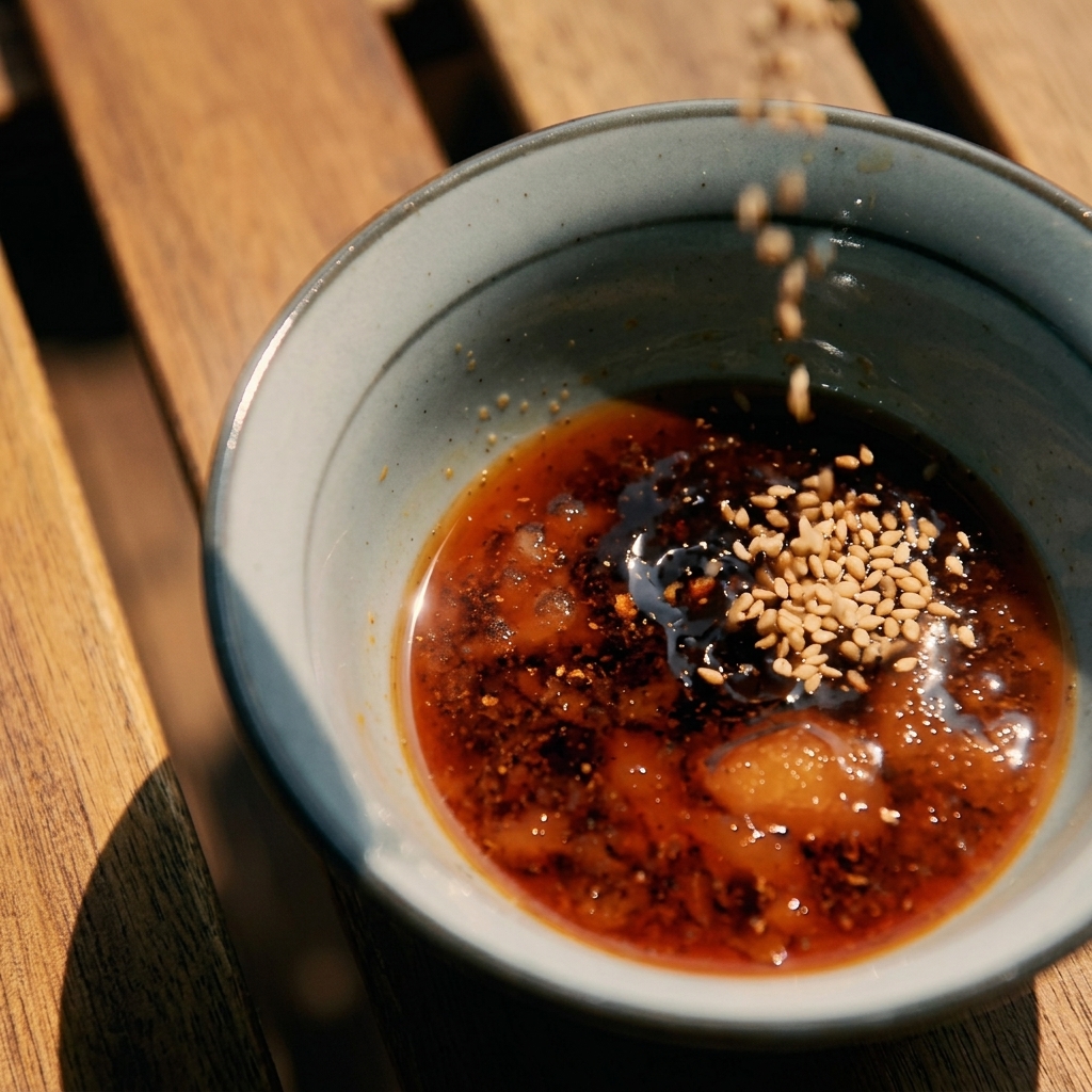 Des graines de sésame saupoudrées dans un bol de sauce sombre avec de lhuile de sésame.