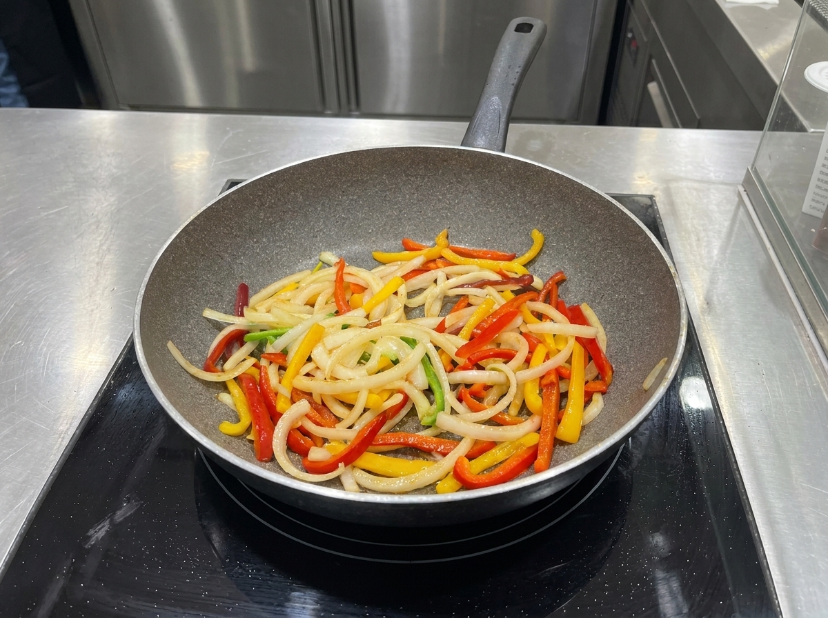 Légumes dans la poêle, enrobés de sauce BBQ et de sauce soja.