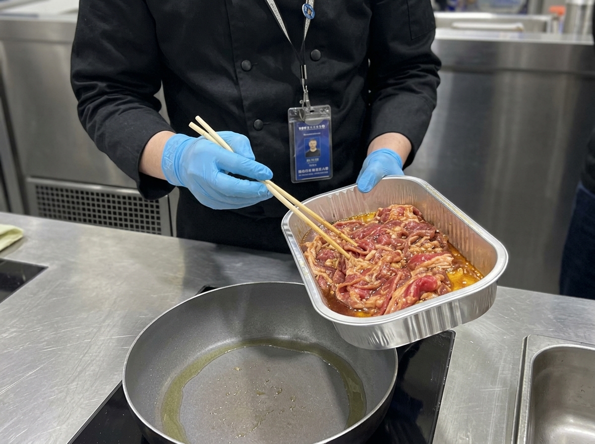 Tranches de bœuf mariné saisies dans une poêle chaude et huilée.