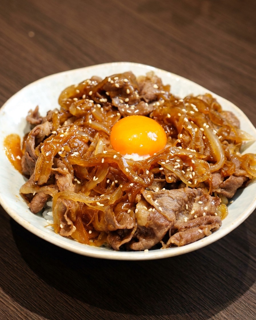 Le bol de bœuf teriyaki fini surmonté dun jaune dœuf brillant, saupoudré de graines de sésame et garni doignons verts.