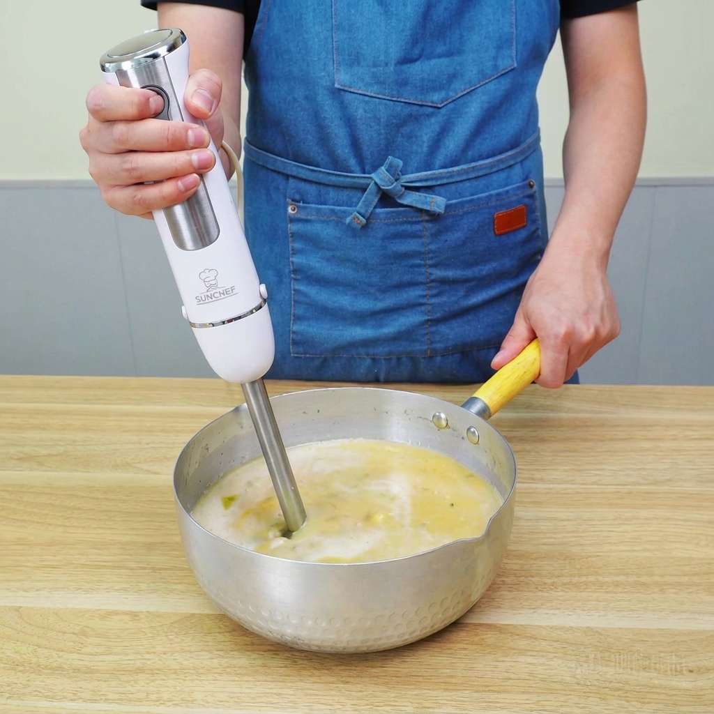 Un mixeur plongeant immergé dans une casserole de bouillon et de légumes cuits, créant un velouté lisse et épais.