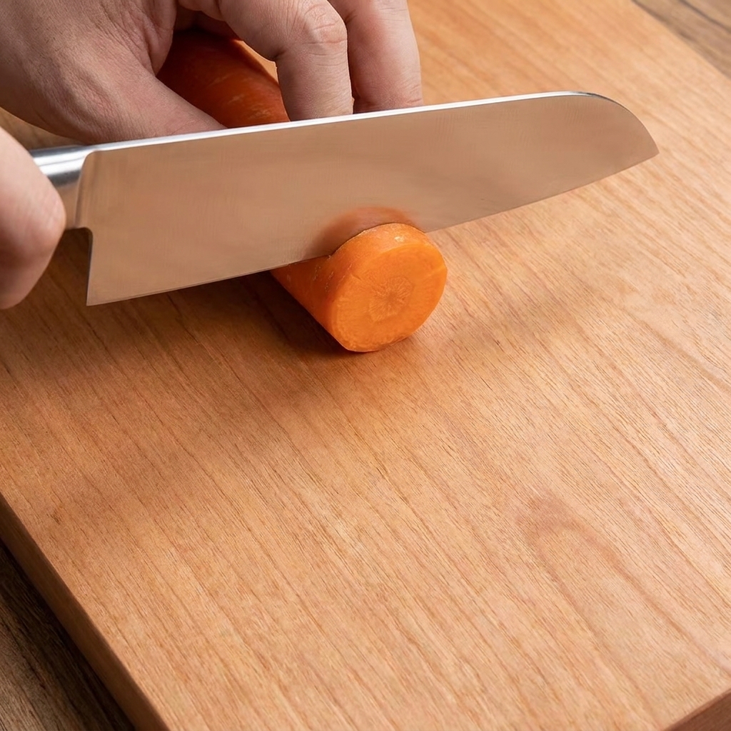 Morceaux de carottes préparés sur une planche à découper en bois.