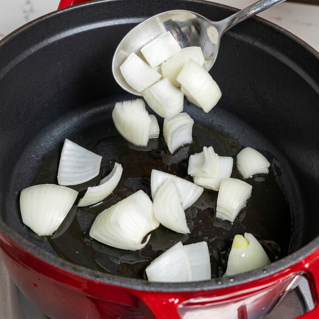 Oignons qui ramollissent dans une casserole avec de lhuile.