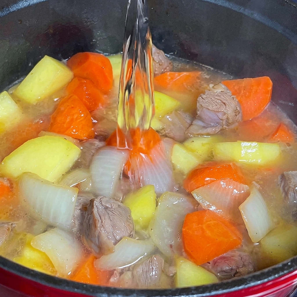 De leau est versée dans une casserole contenant des morceaux de bœuf dorés, des carottes hachées et des morceaux doignon.