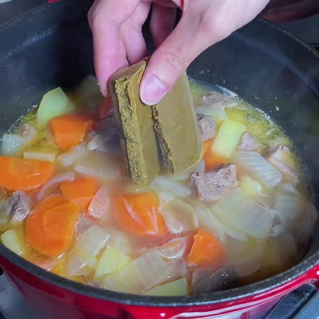 Main déposant des cubes de curry solides dans une casserole de ragoût de bœuf et de légumes frémissant.