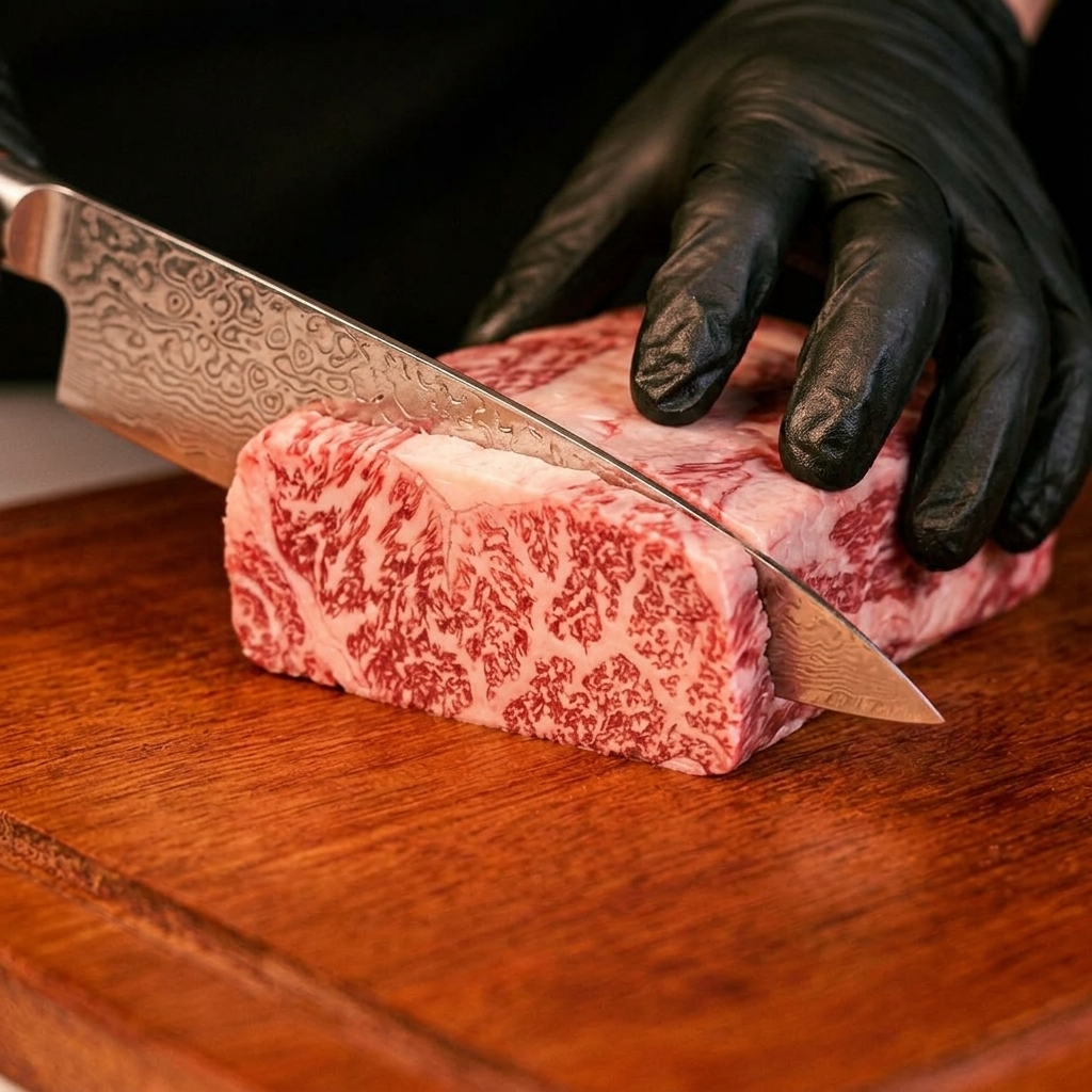 Une main gantée tenant un couteau tout en coupant du bœuf de qualité en cubes uniformes sur une planche en bois avec les légumes préparés.