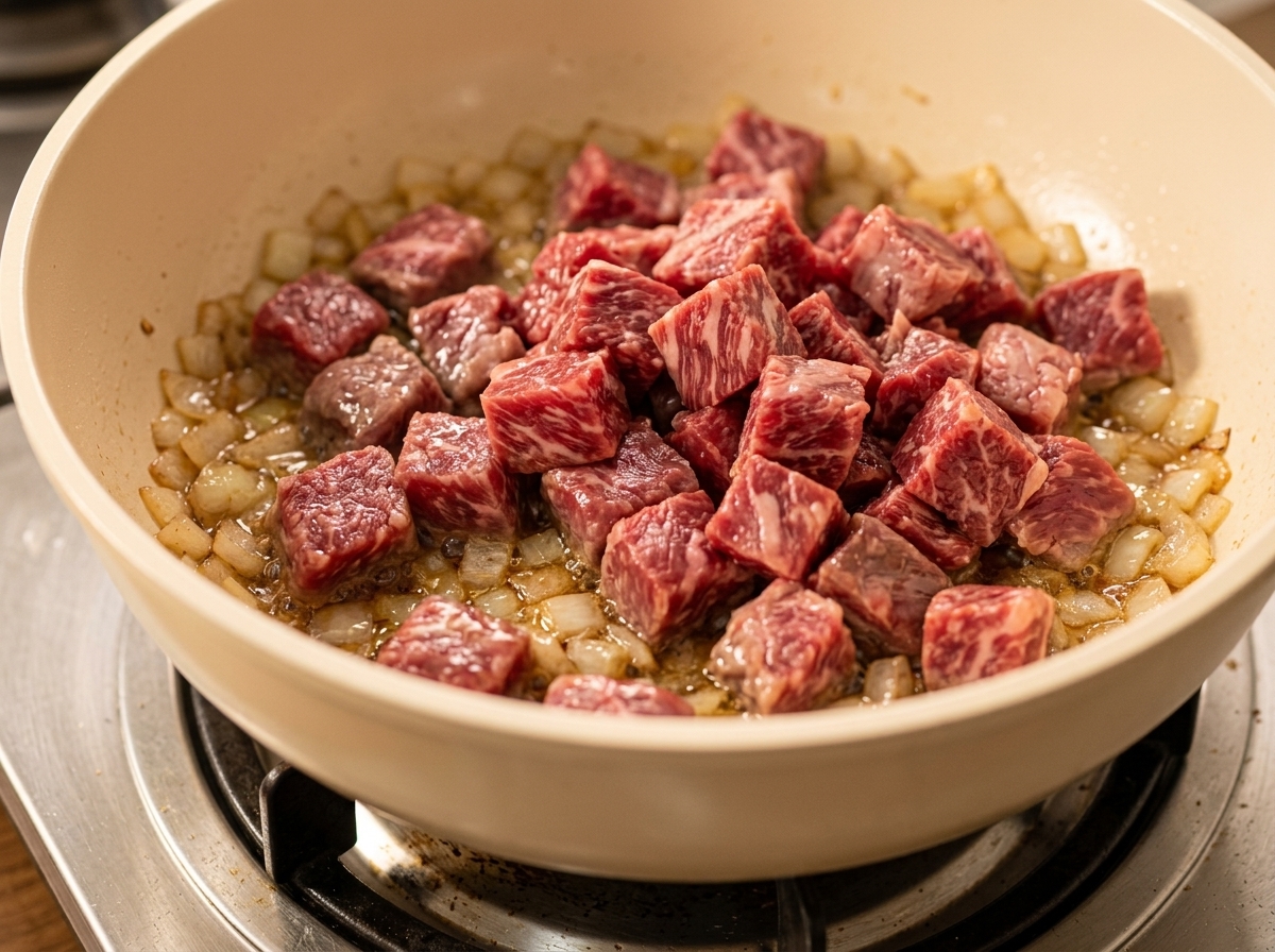 Morceaux de bœuf ajoutés à une poêle contenant des oignons revenus et des légumes en dés.