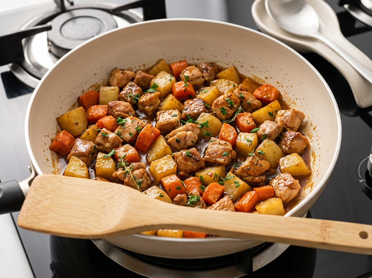 Blocs de roux de curry placés dans une poêle avec le bœuf saisi et les morceaux de légumes colorés.