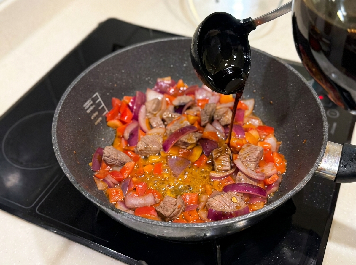 Sauce soja versée dans la poêle contenant le bœuf et les légumes sautés.