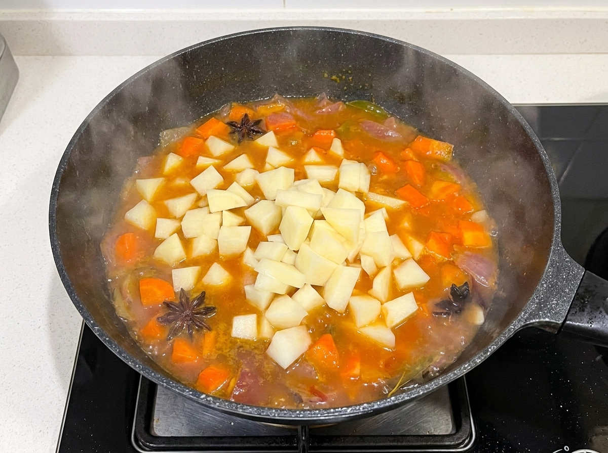 Pommes de terre en dés ajoutées dans une poêle contenant le bouillon de bœuf, carottes et oignons.