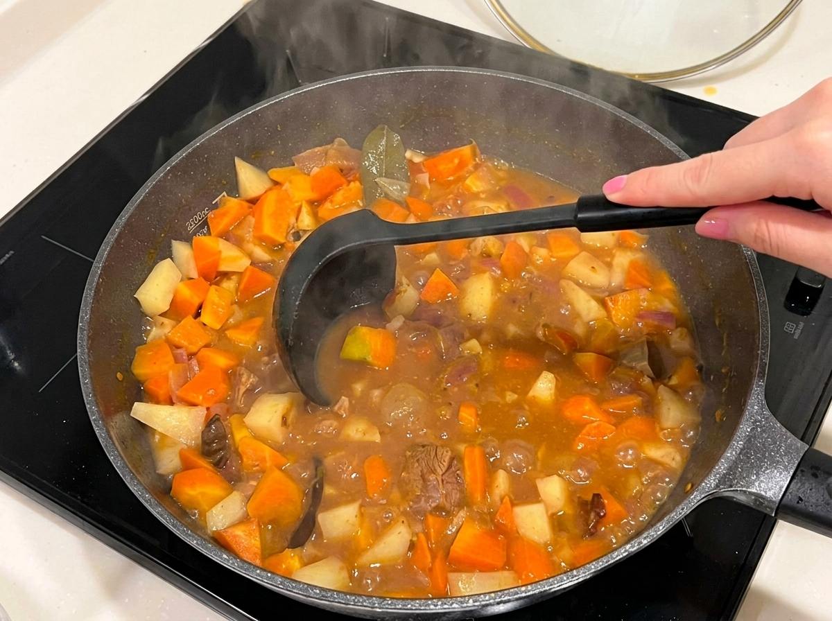 Vue rapprochée dune sauce curry brun foncé épaissie, remuée avec des morceaux de bœuf et de légumes.