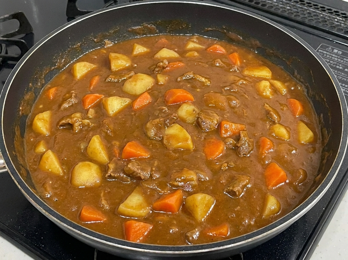 Un filet de lait versé dans une poêle de curry de bœuf, se mélangeant à la sauce épaisse.