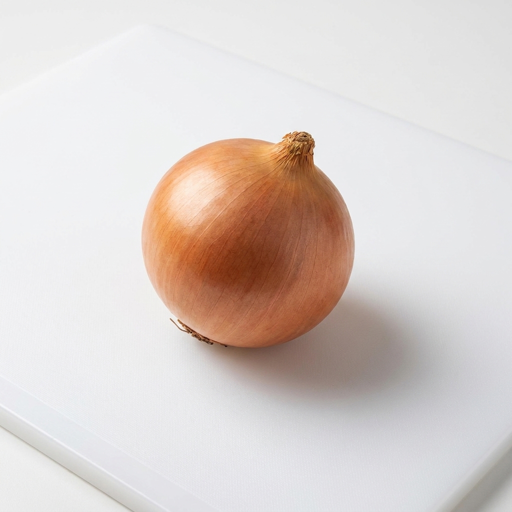 Un oignon frais haché sur une planche à découper blanche.