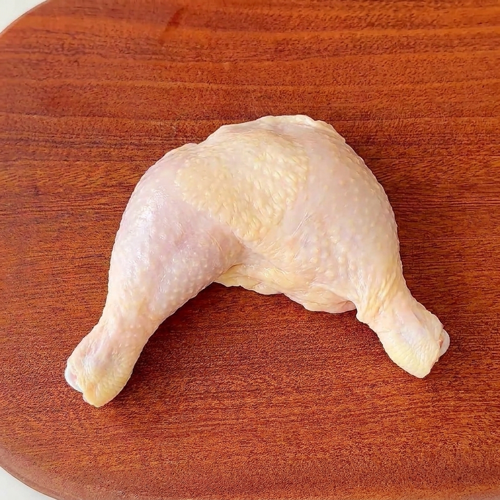 Deux cuisses de poulet coupées en morceaux uniformes sur une planche à découper en bois.