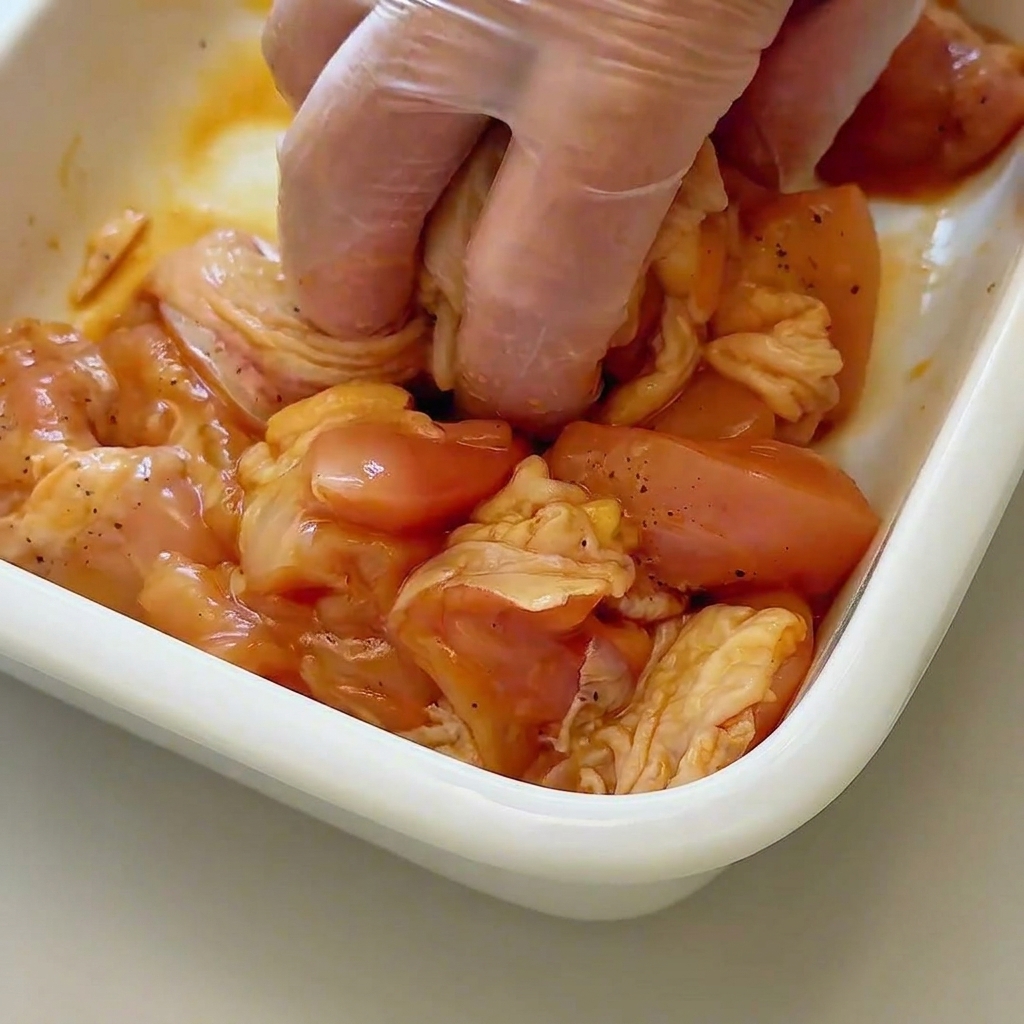 Morceaux de poulet crus mélangés avec des assaisonnements et de la fécule dans un bol.