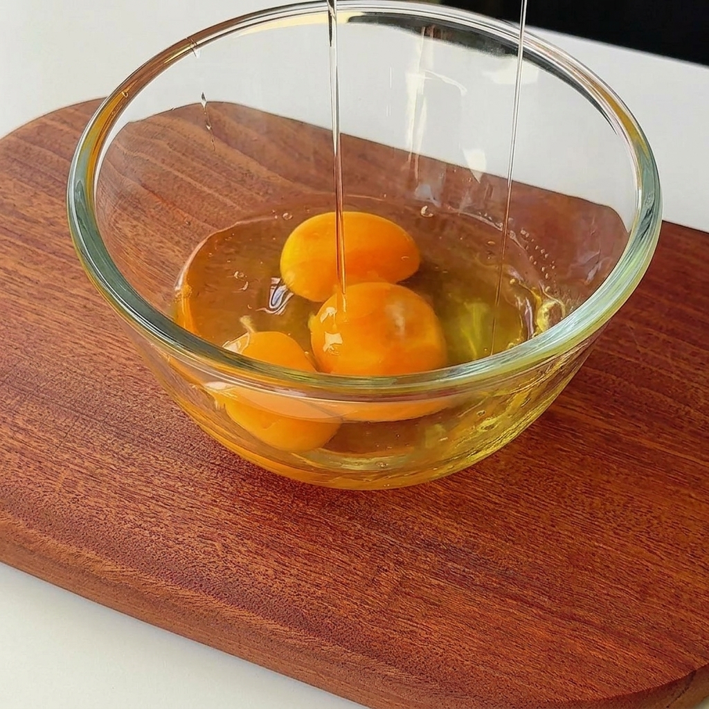 Trois œufs crus fouettés dans un bol en verre jusquà obtenir une couleur uniforme.