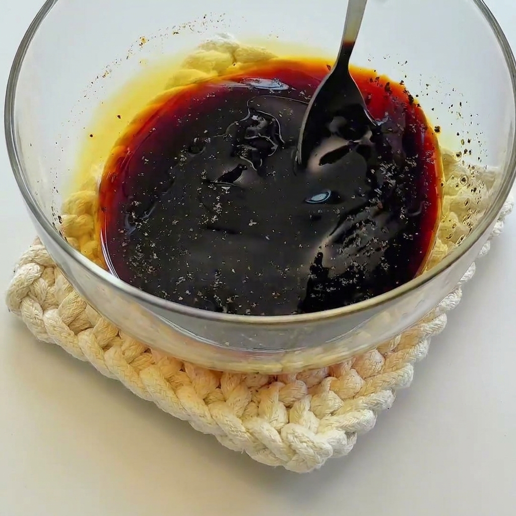 Base de sauce savoureuse mélangée dans un petit bol en verre.