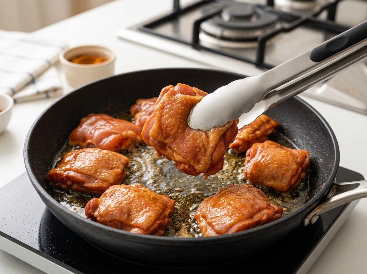 Morceaux de poulet saisissant dans une poêle chaude, développant une surface dorée.