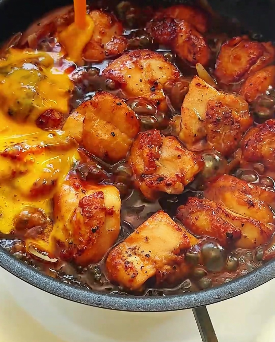 Œufs battus versés sur le poulet glacé et la sauce mijotée.