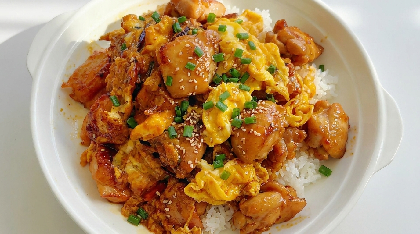 Bol de riz au poulet et aux œufs savoureux