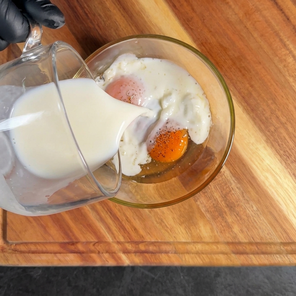 Mélange dœufs, lait et épices fouetté dans un bol en verre.