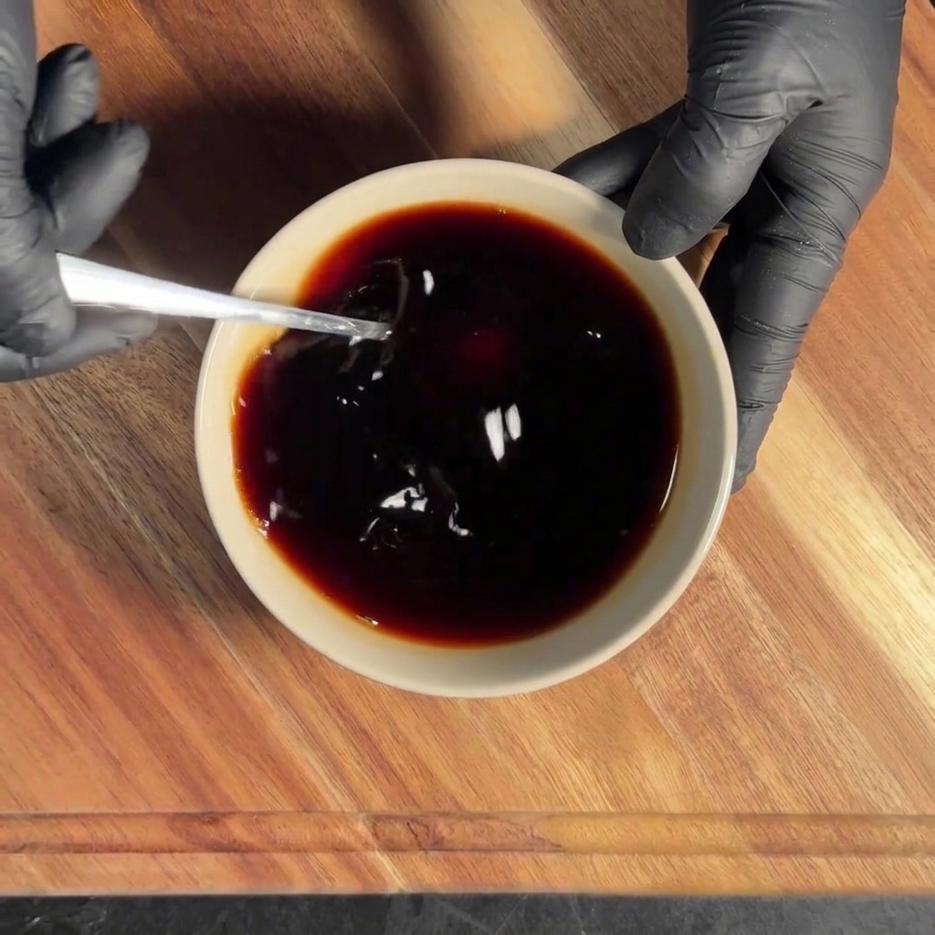 Ingrédients de la sauce mélangés dans un bol blanc.