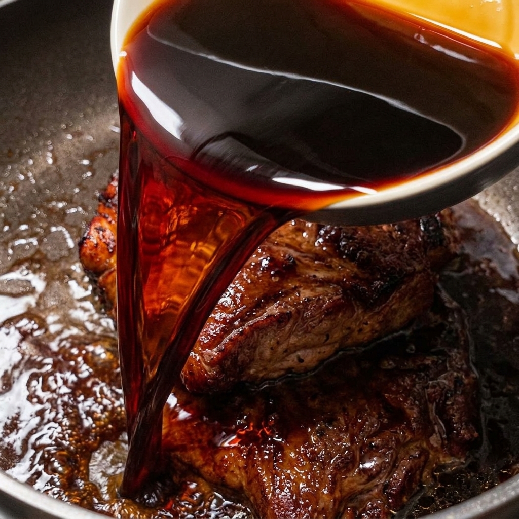Poêle contenant les cuisses de poulet dorées arrosées dune sauce brune riche.
