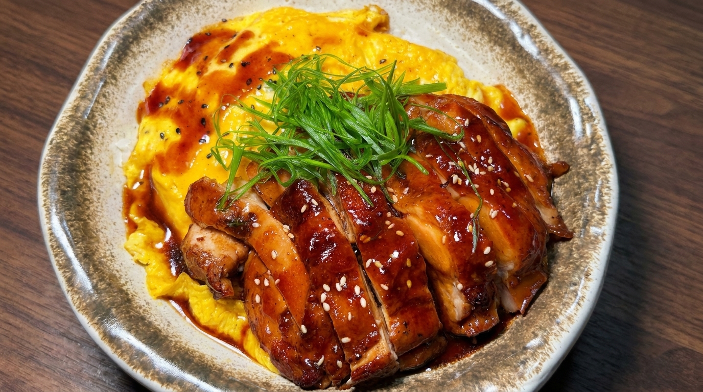 Poulet laqué au miel et œufs brouillés sur riz