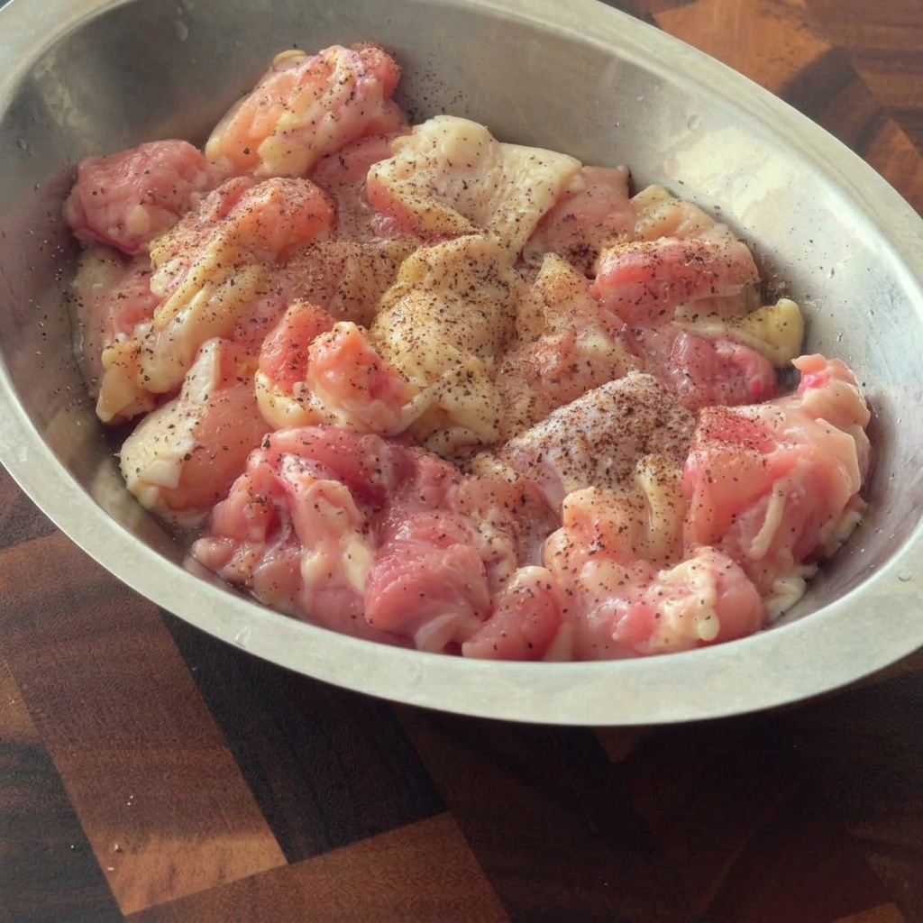 Morceaux de poulet marinés avec les assaisonnements dans un bol en métal.