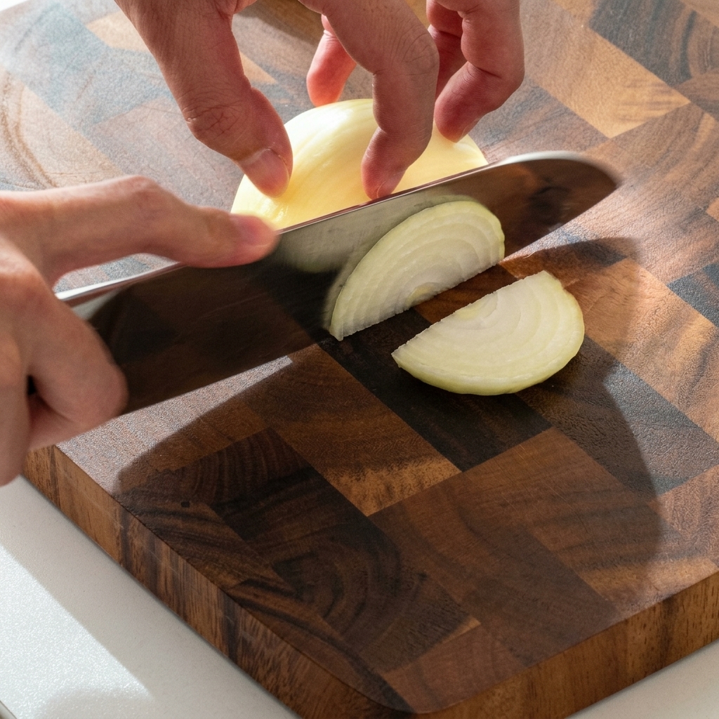 Un demi-oignon blanc coupé en fines lamelles sur une planche à découper en bois.