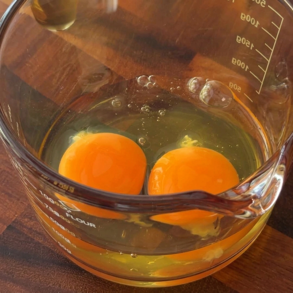 Trois œufs crus battus dans un verre doseur.