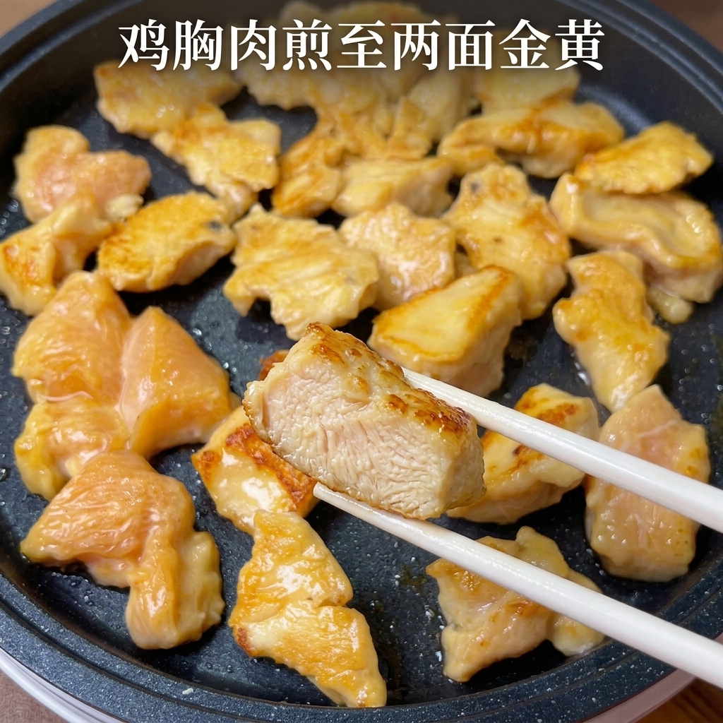 Tranches doignons sautées dans la poêle avec le poulet doré.