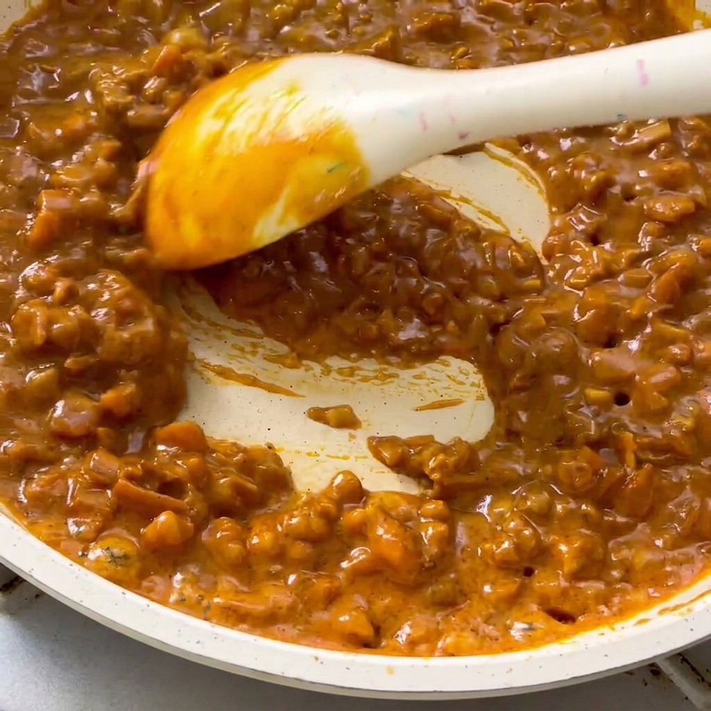 La sauce au curry crémeuse et épaisse dans la poêle en cours de mélange.