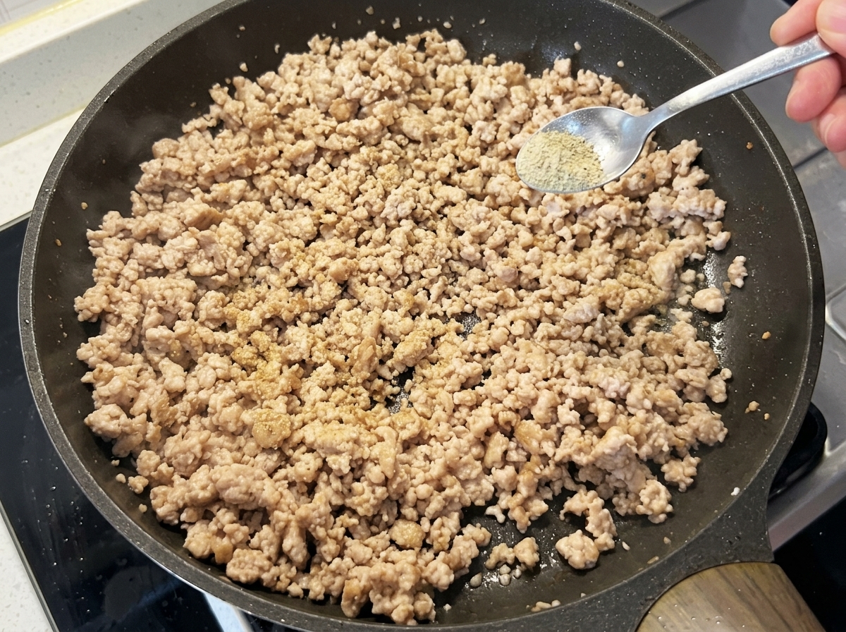 Oignon vert et ail ajoutés à la viande cuite dans la poêle.