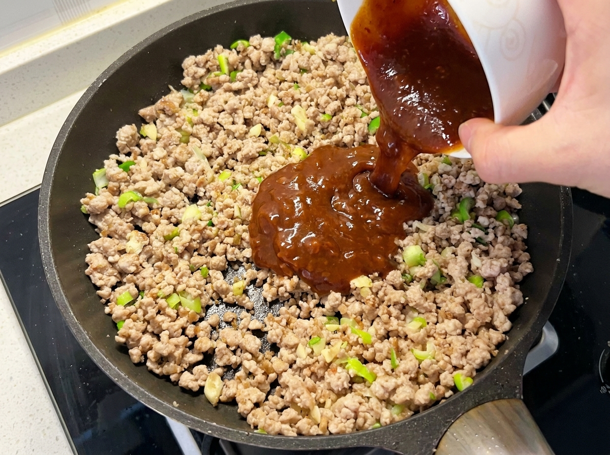 Le mélange de sauce versé dans la poêle sur la viande et les aromates.