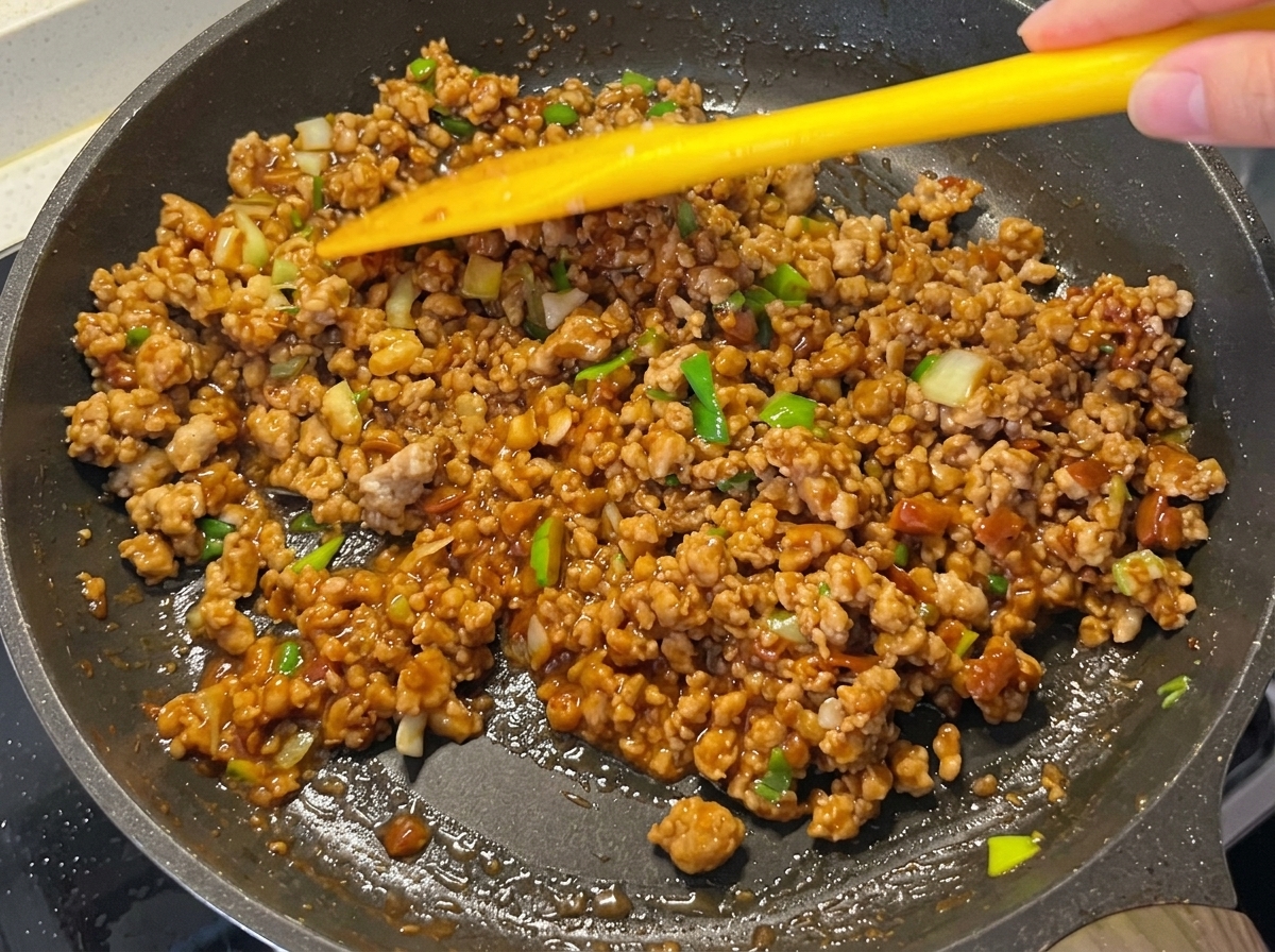 La sauce à la viande épaissie et brillante dans la poêle.