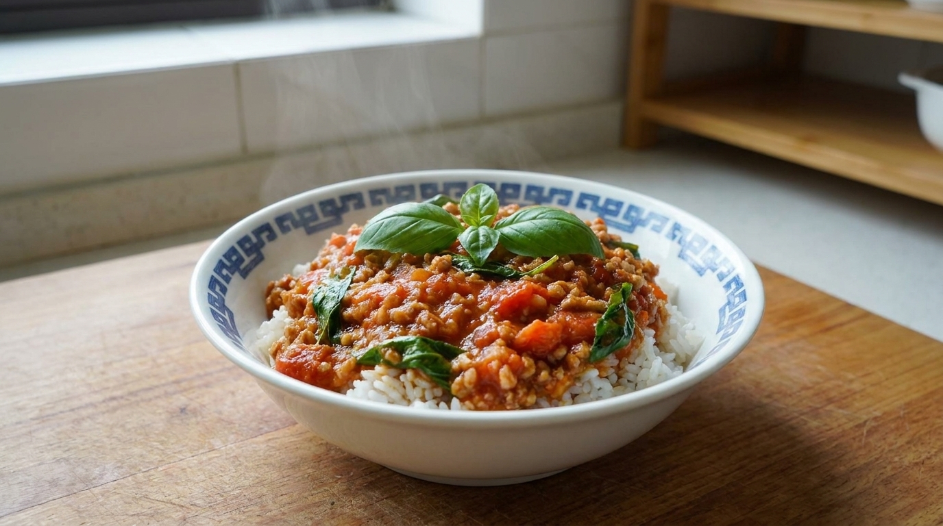 Bol de Riz à la Sauce Rapide Viande, Tomate et Basilic