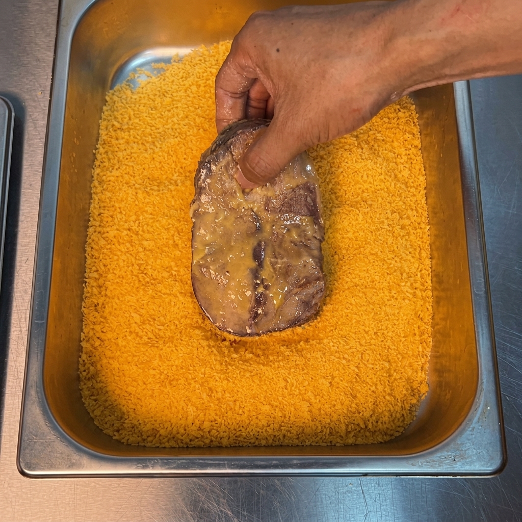 Une main presse fermement un morceau de steak dans un plateau de chapelure panko jaune-orangé.