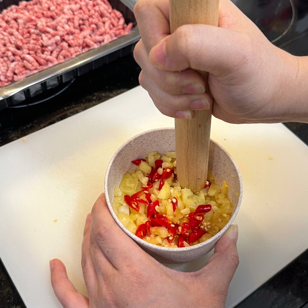 Un rouleau à pâtisserie en bois pressant les morceaux dail et de piment dans un bol.