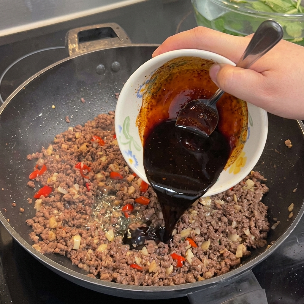 La sauce sombre versée depuis un bol dans le wok avec le bœuf cuit.