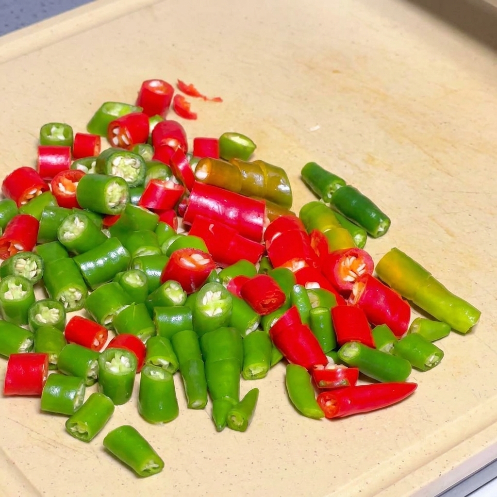 Piments verts et rouges tranchés en petits morceaux sur une planche à découper.