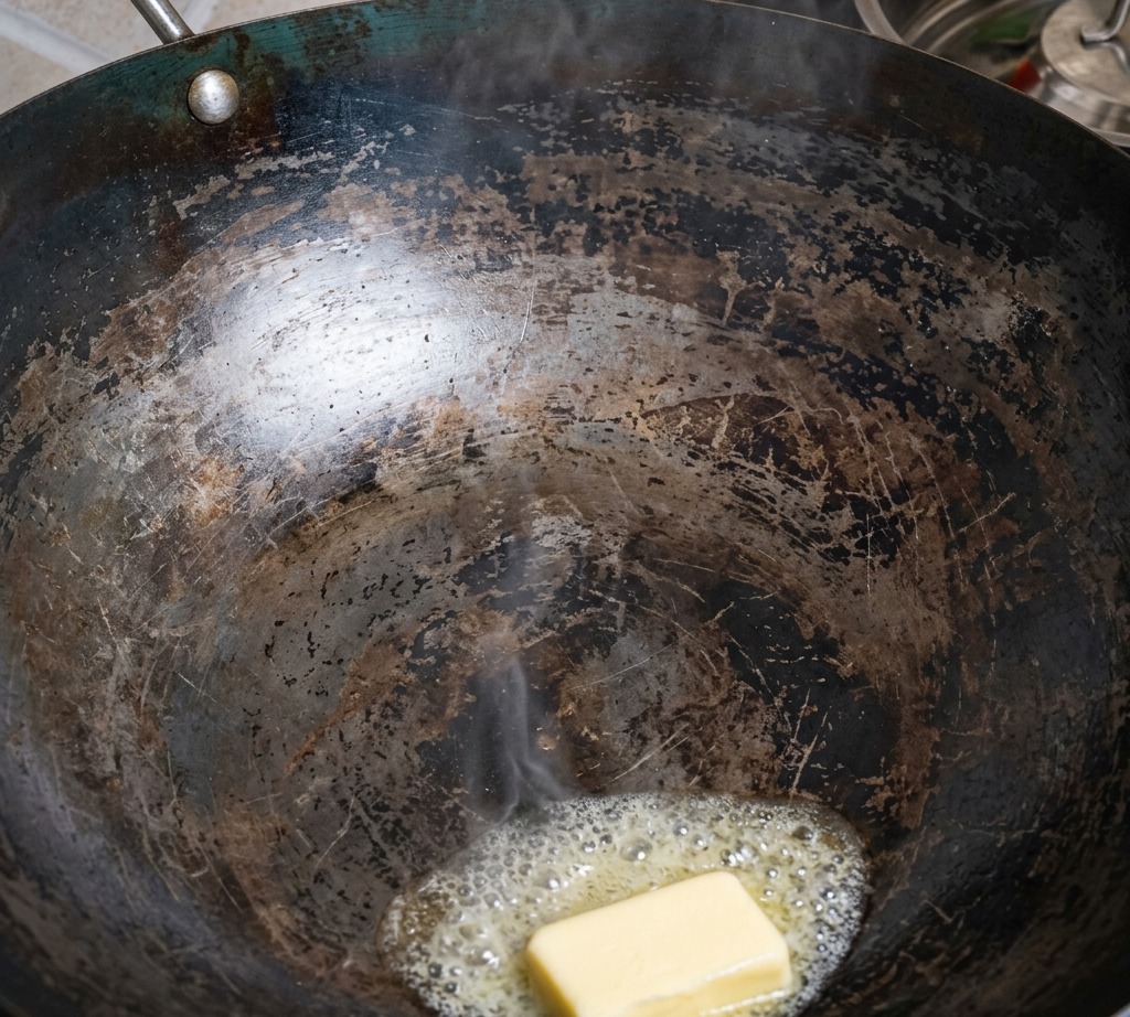 Morceau de bœuf cru placé dans un wok chaud avec du beurre fondu.