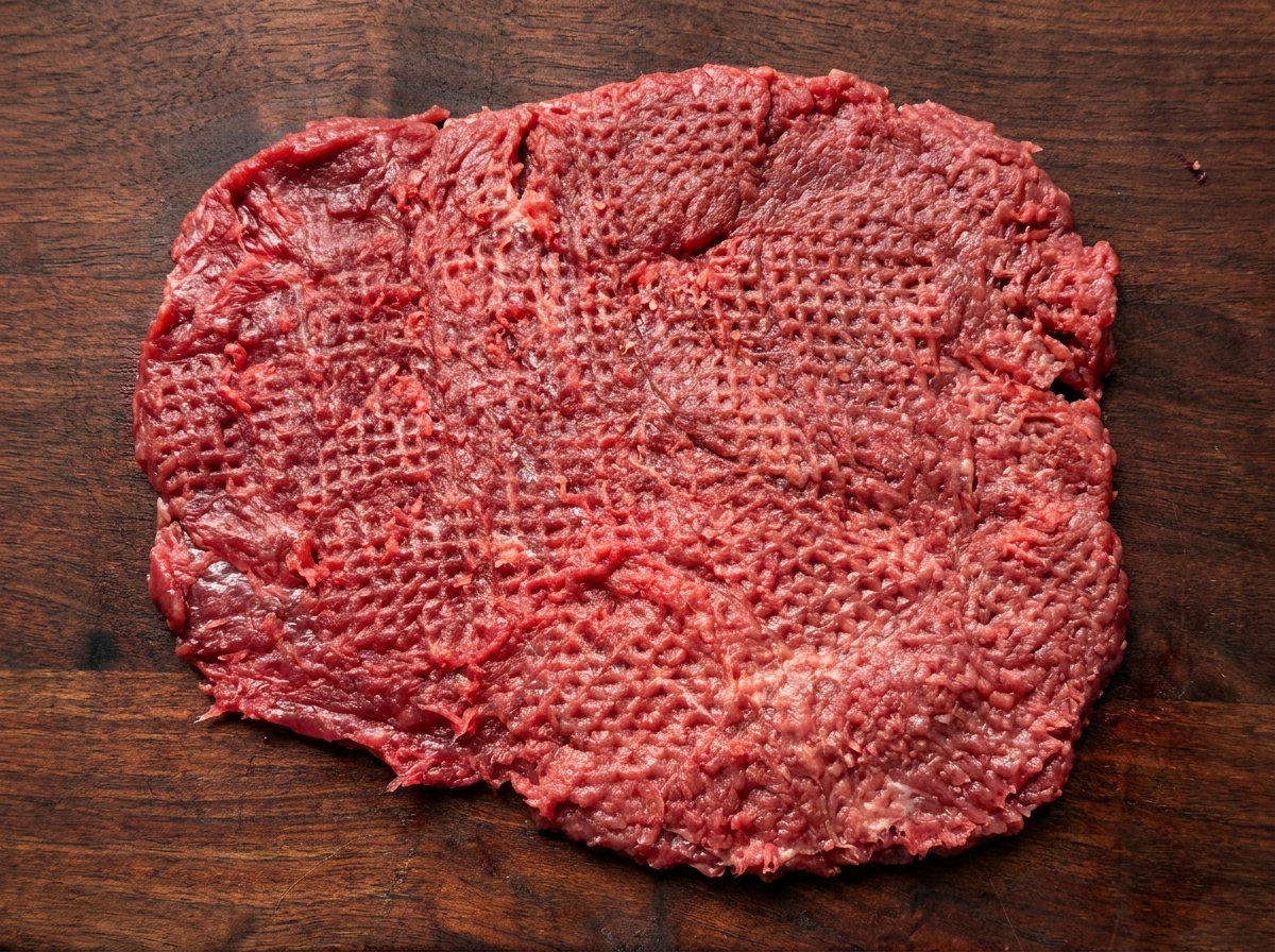 Une tranche de bœuf cru aplatie avec un attendrisseur à viande sur une planche à découper en bois.
