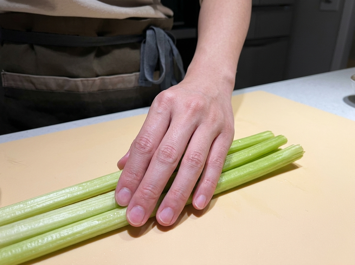 Oignons verts frais coupés en petits tronçons sur une planche à découper jaune.