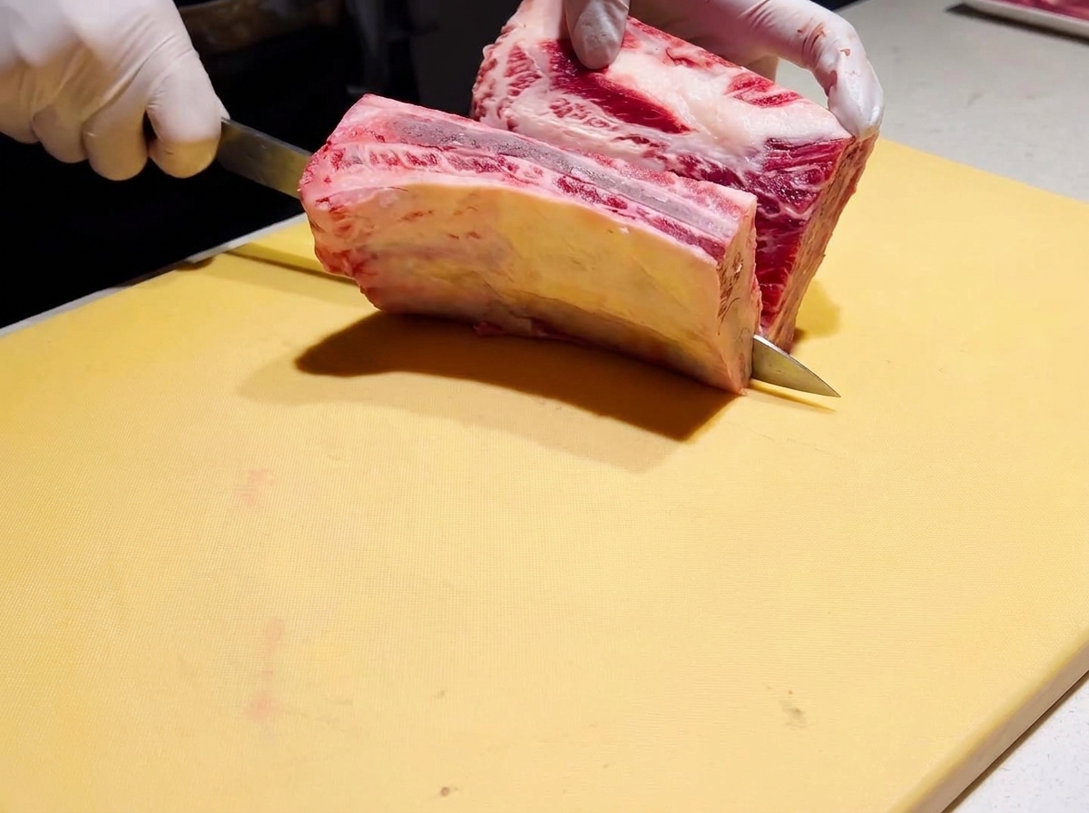 Une épaisse pièce de côte de bœuf crue étant coupée en portefeuille avec un couteau de chef sur une planche jaune.