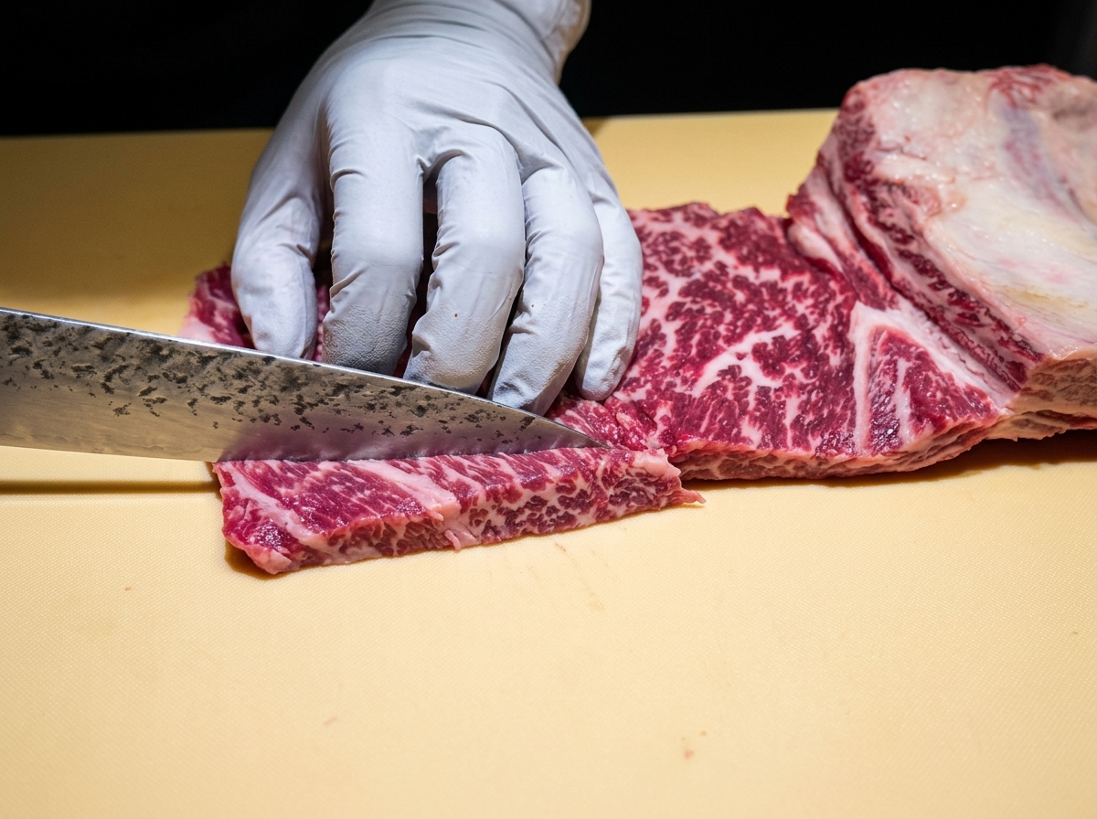 Une tranche de côte de bœuf crue montrant un motif quadrillé clair sur sa surface.