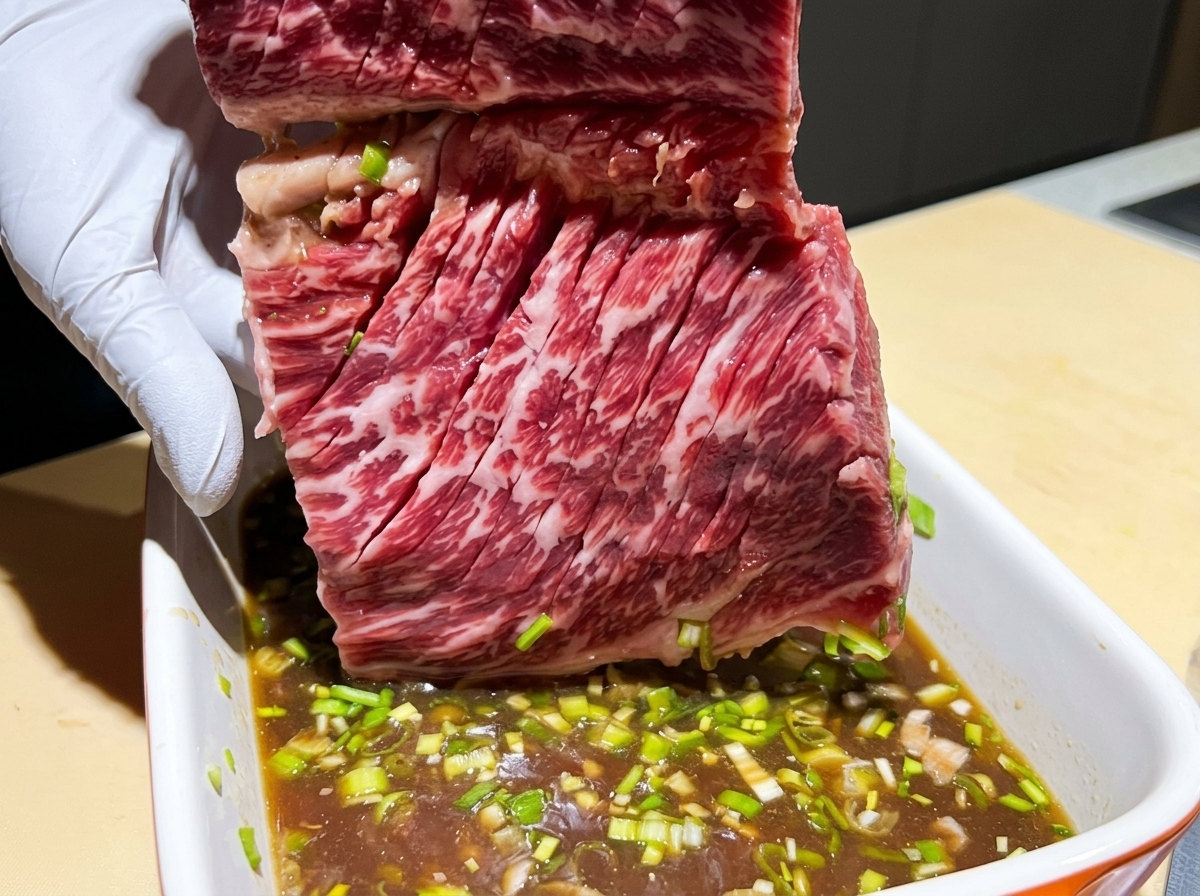 Un morceau de bœuf incisé placé dans un plateau contenant une marinade sombre mélangée à des oignons verts.